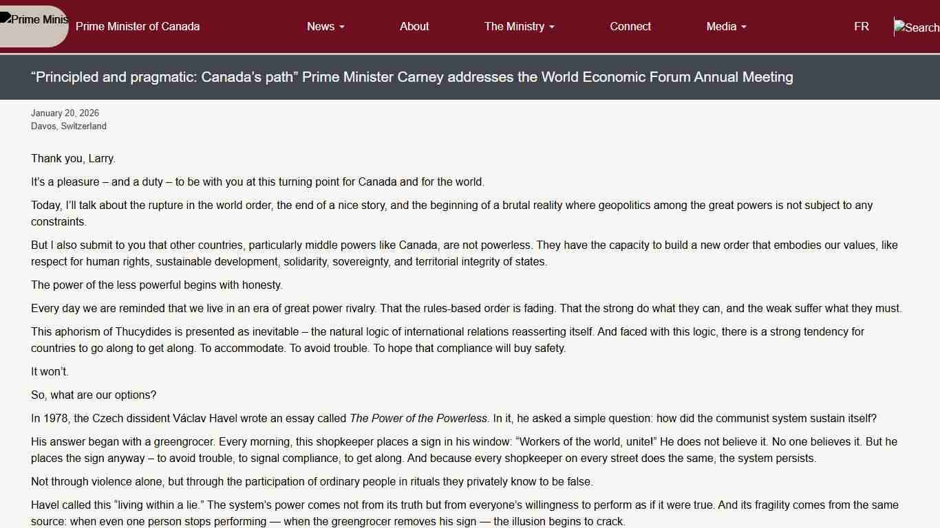 “Principled and pragmatic: Canada’s path” Prime Minister Carney addresses the World Economic Forum Annual Meeting Prime Minister of Canada